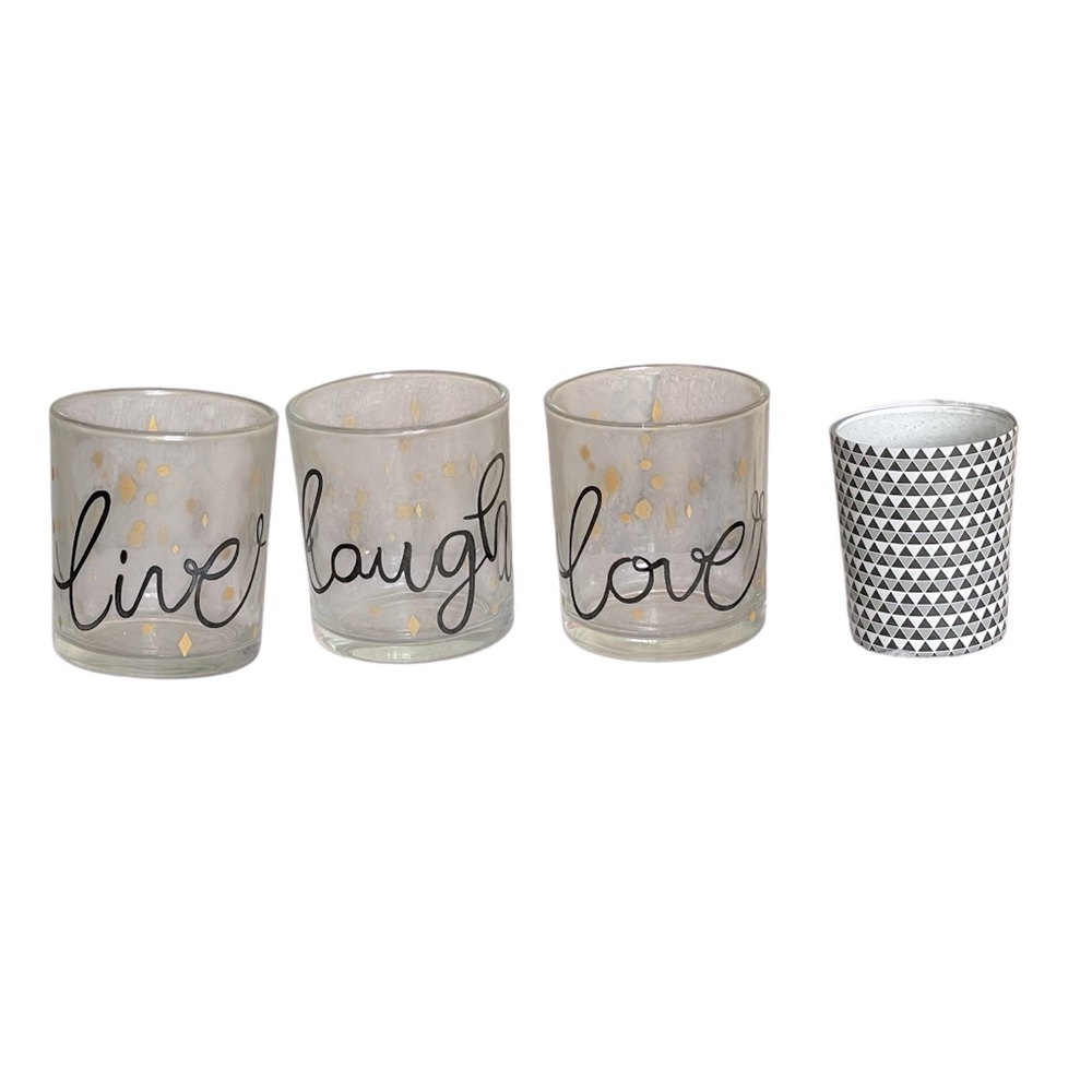LIVE LAUGH LOVE Clear Glass Votive Candle Holders plus Extra Votive Holder